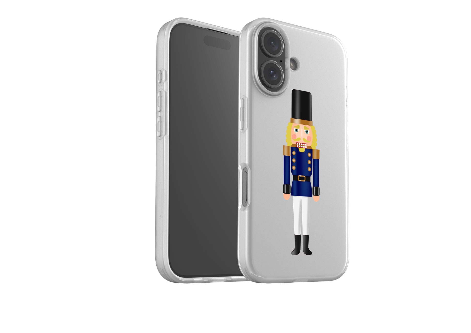 Flexible phone case with blonde nutcracker design, showing semi-transparent finish and dual camera cutout for smartphone protection.