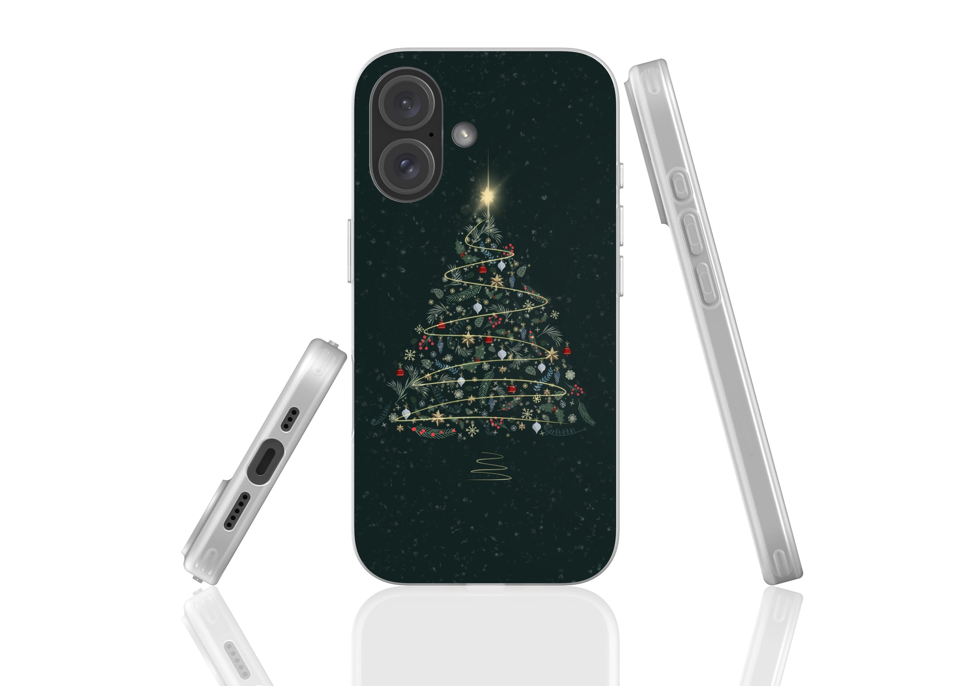 Flexi Phone Case with Emerald Winter Tree design showcasing slim, protective, flexible features and open ports for easy connectivity.