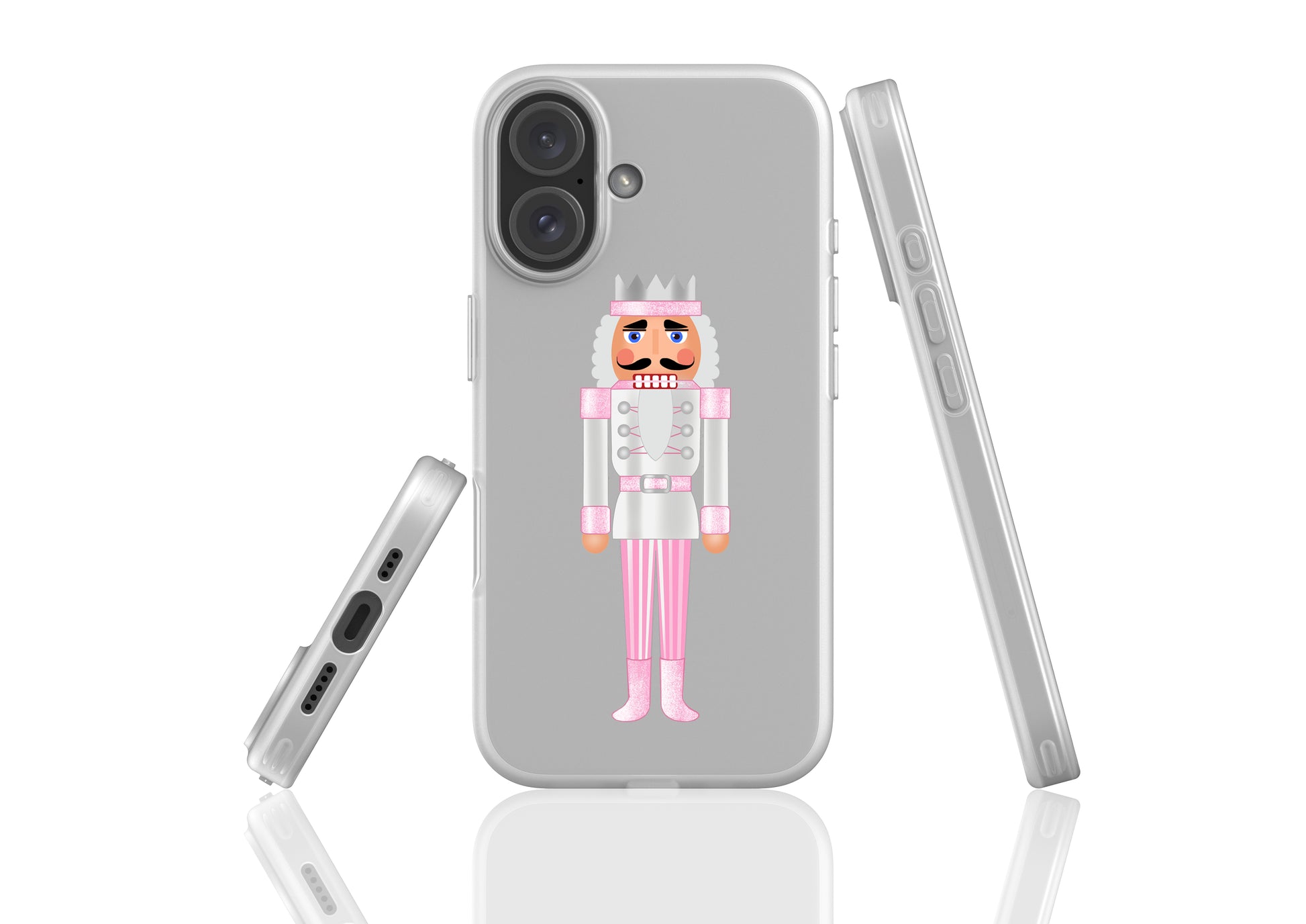 Flexi Phone Case with Pink Nutcracker Crown design, semi-transparent finish, durable shock-absorbing protection, slim and flexible.