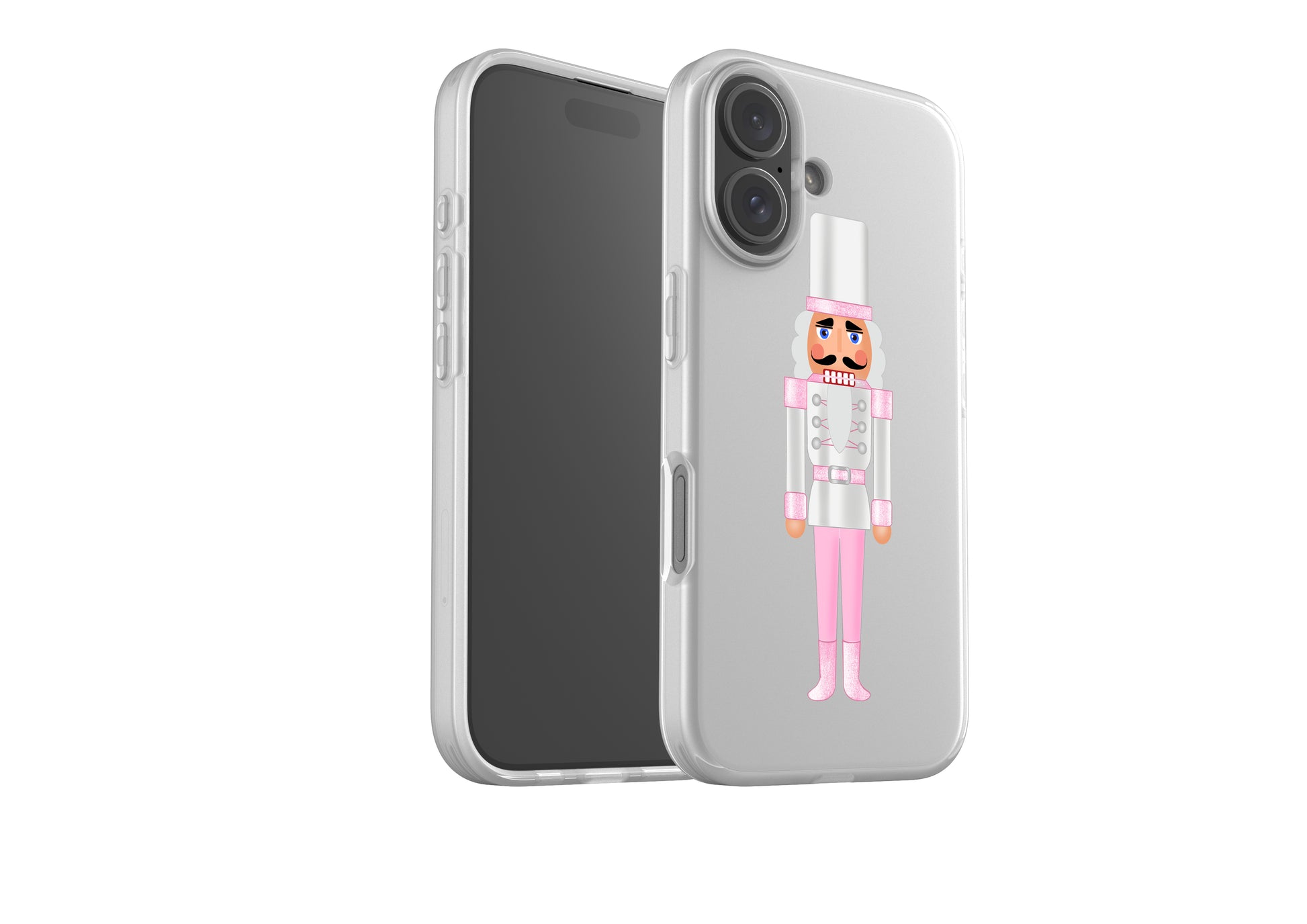 Flexible pink nutcracker hat phone case, offering shock absorption and impact protection with semi-transparent finish.